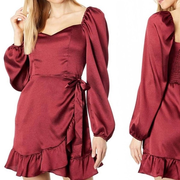 Wayf Crushed Satin Faux Wrap Dress - Picture 1 of 9
